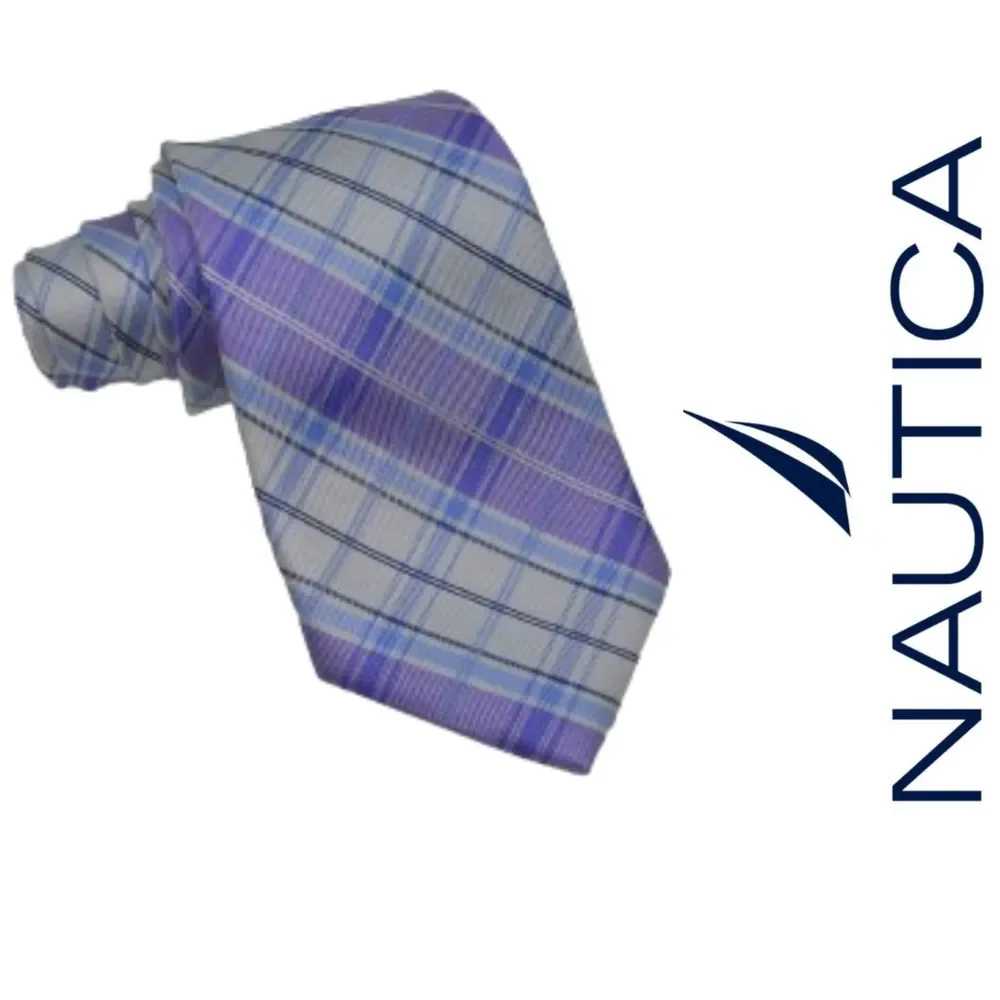 Nautica 100% Silk Plaid Purple Lavender Blue Beige Necktie Tie